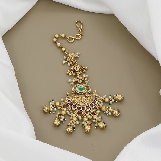 Antique Gold Maang Tikka with Pearls and Green Stone