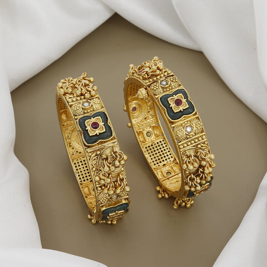 Antique Floral Patla Set with Green Enamel & Ruby Stones