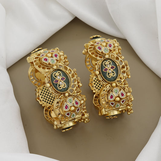 Designer Antique Gold Patla Bangles with Kundan Stones