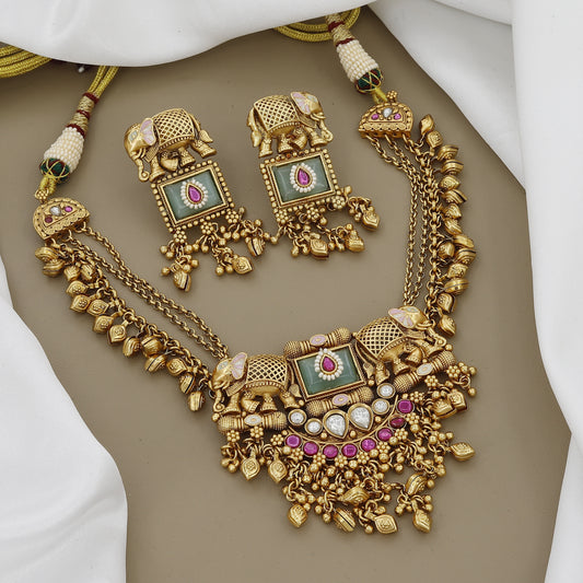 Antique Gold-Toned Elephant Necklace & Earrings Set