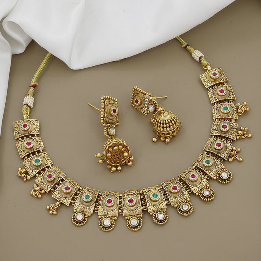 Antique Gold Plated Necklace Set with Jhumka Earrings