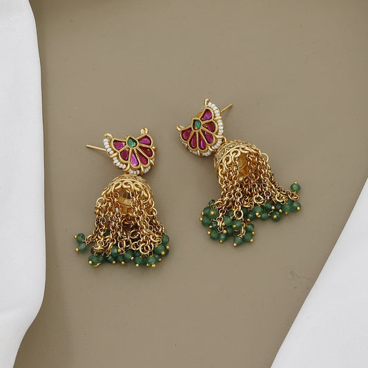 Antique Gold Plated Necklace Set with Green Beads and Jhumka Earrings