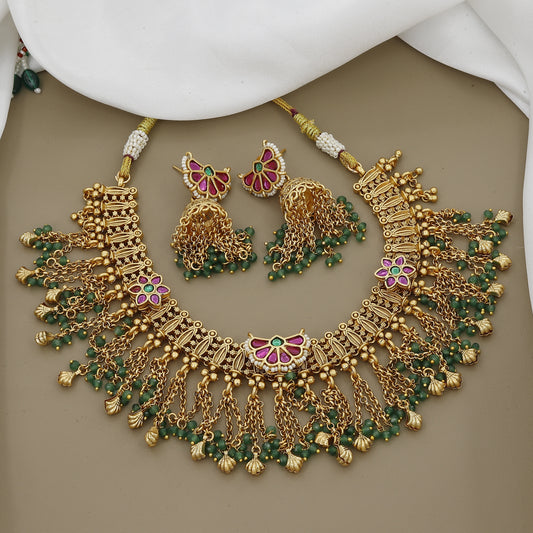 Antique Gold Plated Necklace Set with Green Beads and Jhumka Earrings