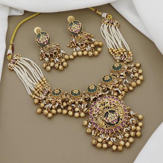 Antique Gold Plated Necklace Set with Pearl Strands and Jhumkas