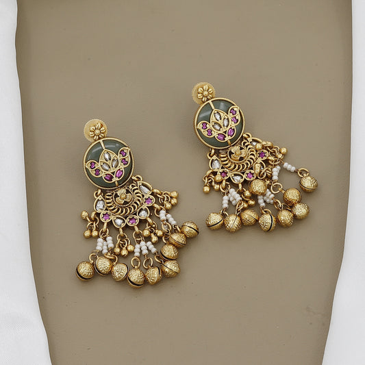 Antique Gold Plated Necklace Set with Pearl Strands and Jhumkas