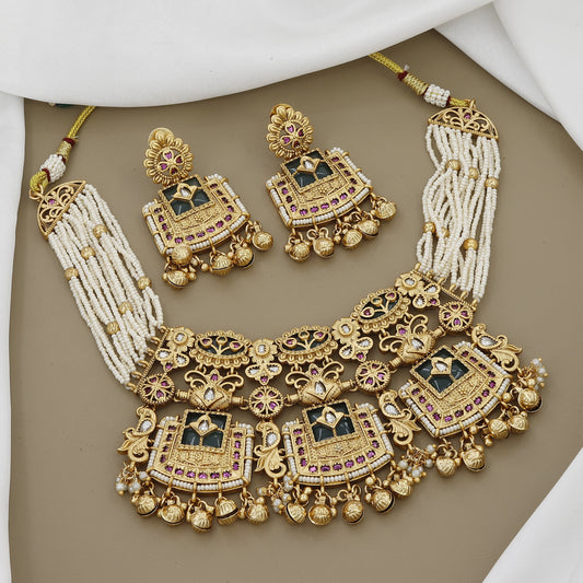 Antique Gold Plated Necklace Set with Pearl Strands and Jhumka Earrings