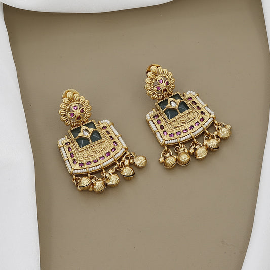 Antique Gold Plated Necklace Set with Pearl Strands and Jhumka Earrings