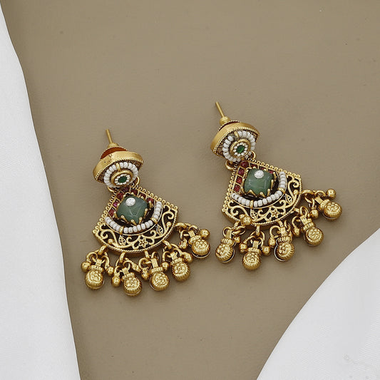 Antique Gold Plated Necklace Set with Green Onyx & Ruby Stones