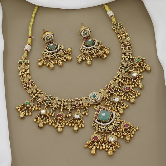 Antique Gold Plated Necklace Set with Green Onyx & Ruby Stones