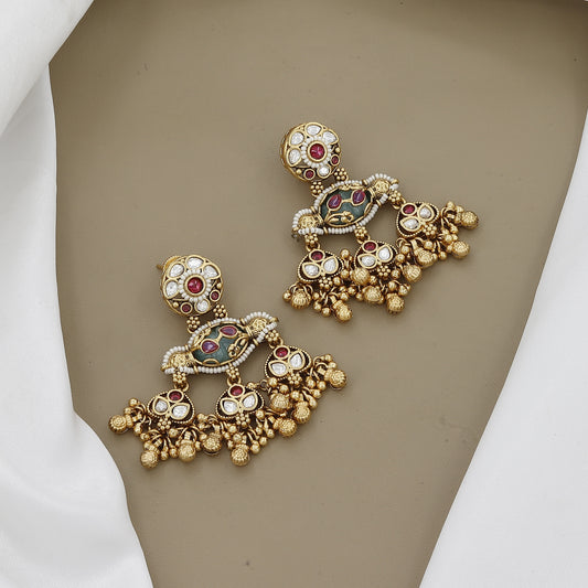 Gold Toned Collar Necklace Set with Linked Ruby & Kundan Medallions