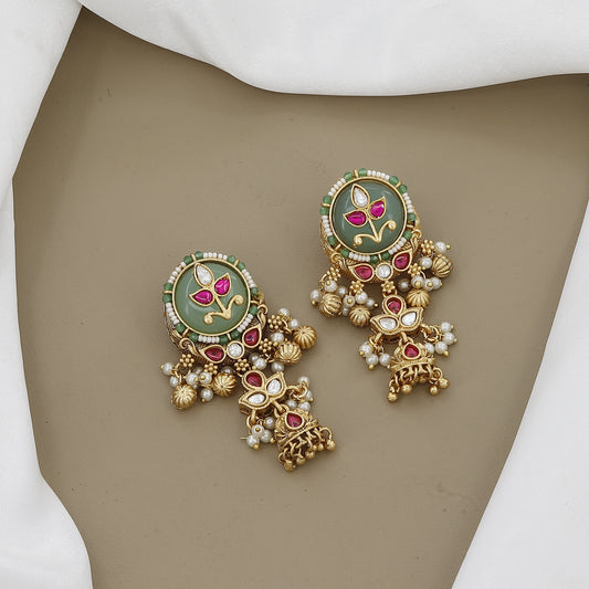 Grand Layered Gold Plated Necklace with Kundan, Ruby & Green Stone