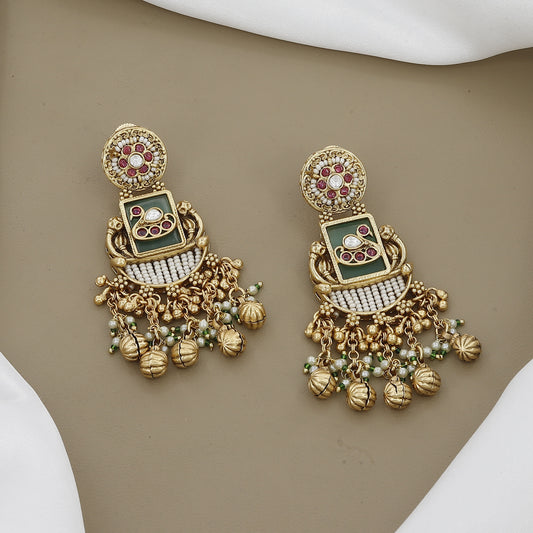 Traditional Temple-Inspired Long Necklace Set with Ruby & Kundan Stones