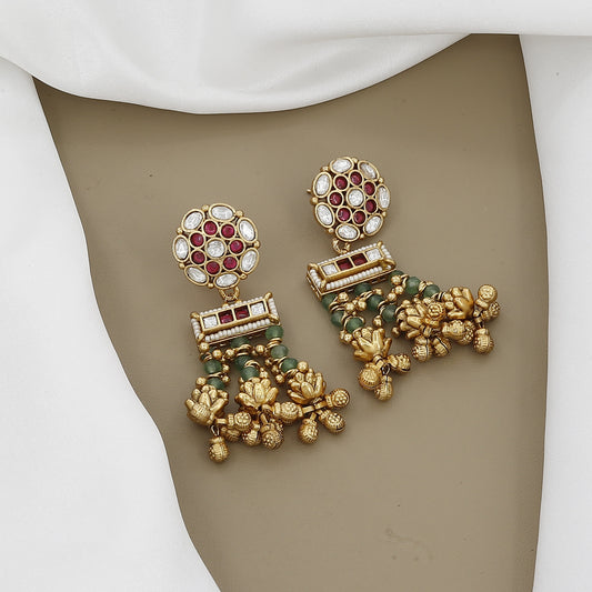 Vintage-Inspired Gold Toned Necklace Set with Ruby, Kundan, and Emerald-like Beads