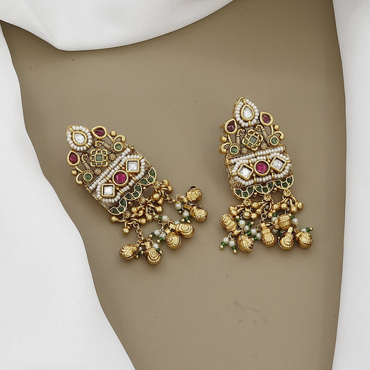 Grand Antique Gold Toned Long Necklace Set with Jhumka Earrings
