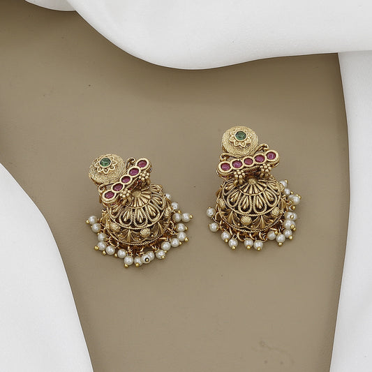 Antique Peacock Long Necklace Set with Jhumkas