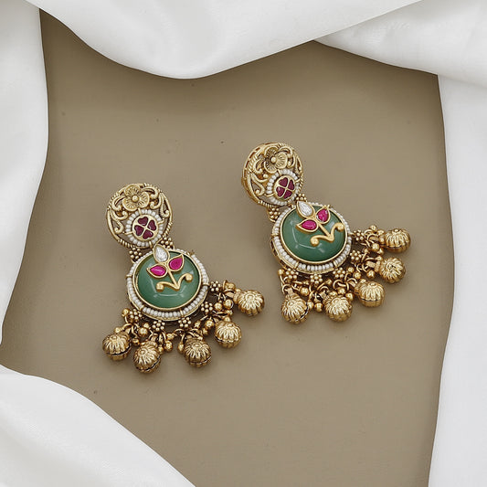 Antique Kundan & Ruby Long Necklace Set with Jhumka