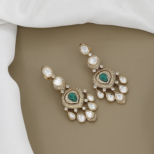 Regal Kundan Polki Necklace Set with Green Stone
