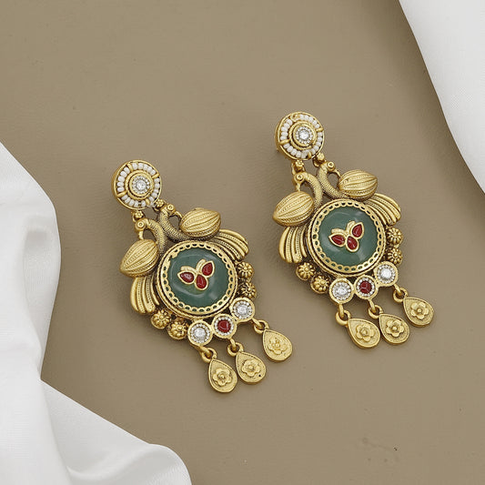 Gold Toned Peacock & Floral Motif Necklace Set with Ruby & Green Stones