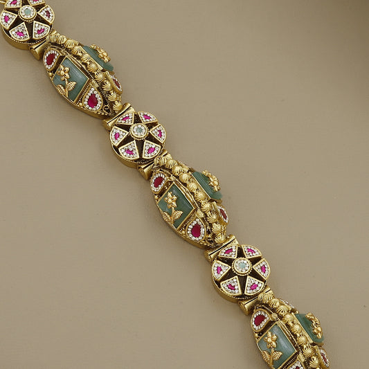 Heirloom Style Gold-Plated Bracelet with Carved Green Stone and Kundan