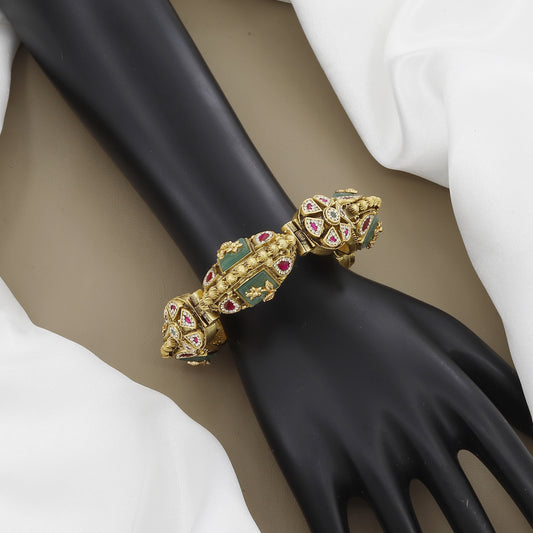 Heirloom Style Gold-Plated Bracelet with Carved Green Stone and Kundan