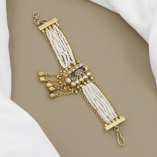 Luxury Multi-Strand Pearl Wide Cuff Bracelet with Kundan