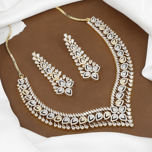 Crystal Flower Design Golden Diamond Necklace Set