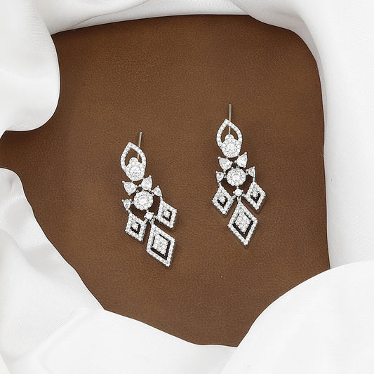 Silver Toned Kite/Rhombus Shaped CZ Drop Diamond Necklace Set