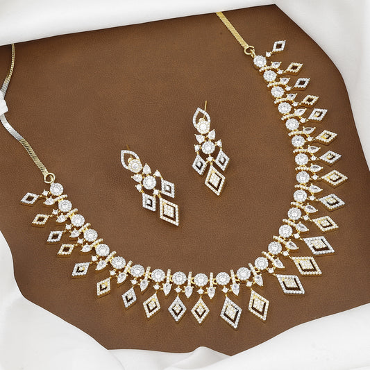 Gold Plated Kite/Rhombus Shaped CZ Drop Diamond Necklace Set