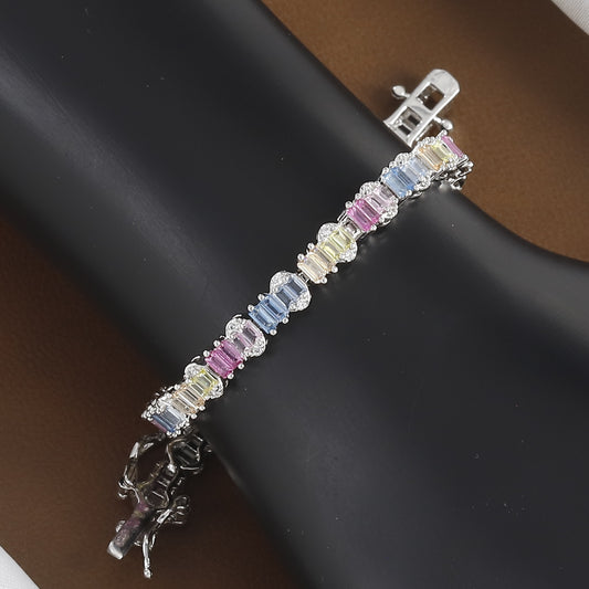 Pastel Multi-Color Baguette Gemstone Line Diamond Bracelet