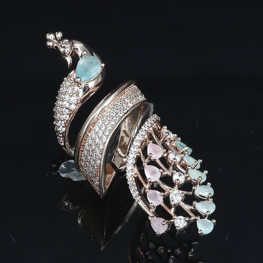 Rose Gold Peacock Wrap Ring - Mint Green & Pink Stone Statement Finger Ring
