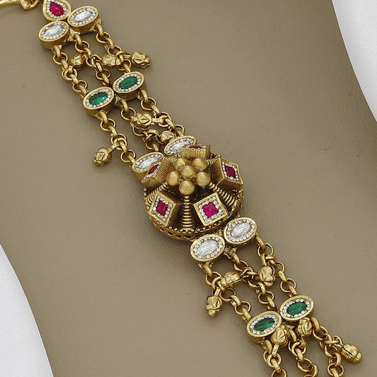 Delicate Gold Plated Chain Bracelet with Ruby, Emerald & Kundan