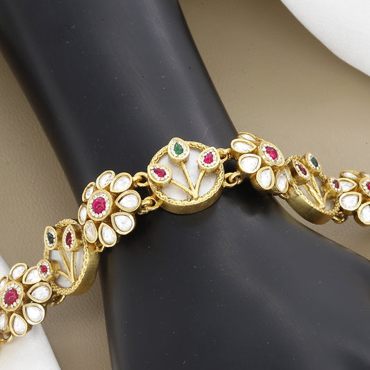 Regal Gold-toned Kundan and Enamel Floral Motif Bracelet