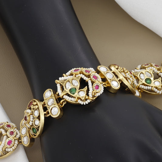 Traditional Kundan and Ruby-Green Linked Antique Bracelet