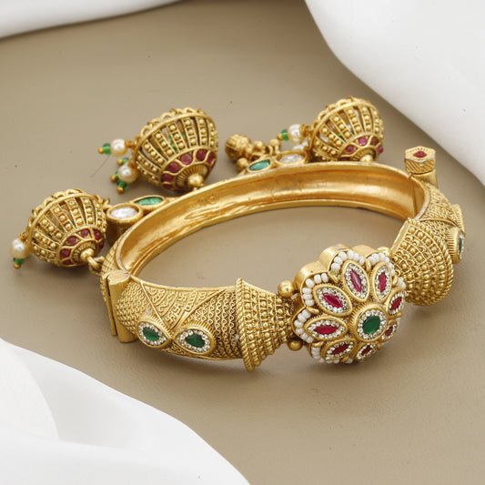 Antique Gold Temple Jewelry Bangle with Jhumka Drops