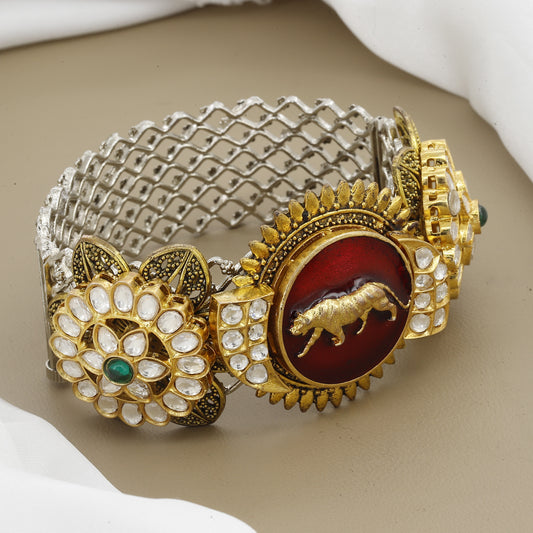 Traditional Kundan Stone Royal Tiger Design Gold-Plated Kada