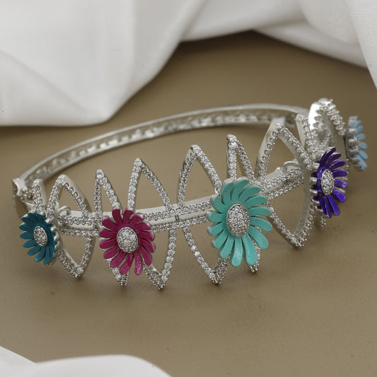 Glamorous Floral Enamel & Diamond Statement Bangle Kada