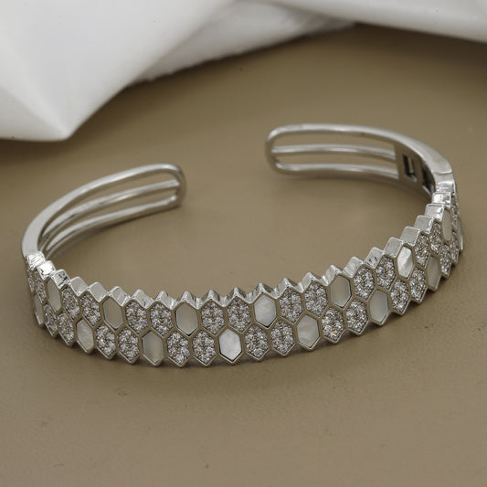 Mother of Pearl & CZ Pave Hexagon Cuff Diamond Bangle Kada