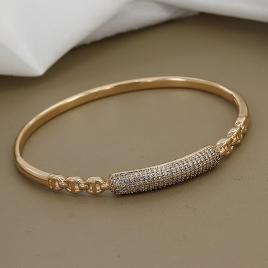 Gold-Tone Pave CZ Bar & Mariner Link Cuff Diamond Kada