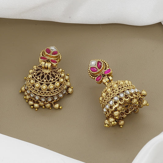 Intricate Antique Gold Tone Necklace with Stone Jhumkas