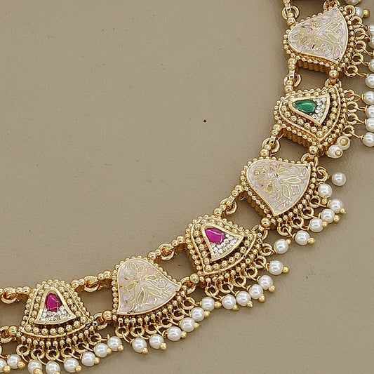 Pink & White Meenakari Necklace Set with Heart Motifs