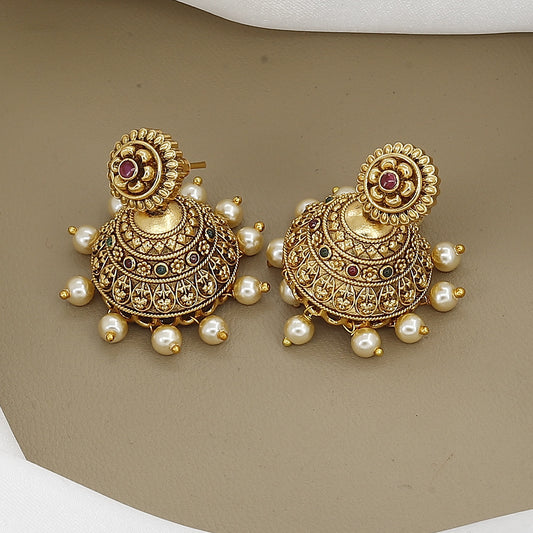 Temple Floral Pendant Antique Gold Tone Necklace Set