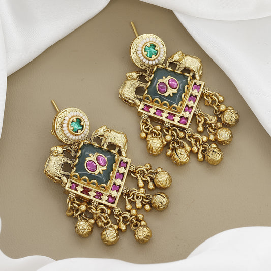 Luxury Antique Wedding Earrings - Green & Pink Enamel