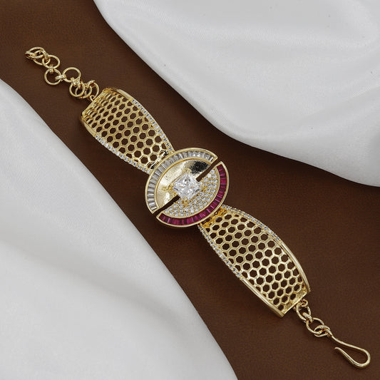 Designer Gold-Tone Honeycomb Cuff Bracelet with Cubic Zirconia & Ruby Accents