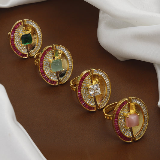 Emerald & Ruby Cocktail Ring - Gold-Tone Square/Round Statement Finger Ring