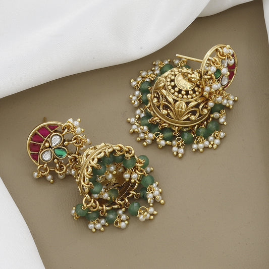 Traditional Green Bead Antique Kundan Necklace & Jhumka Set