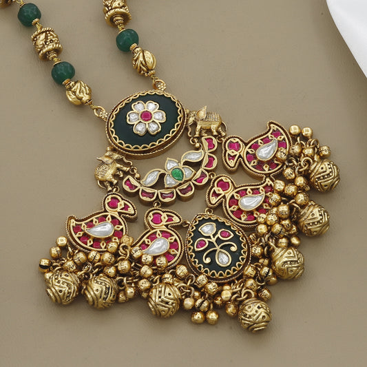 Antique Peacock Necklace Set with Green Beads, Kemp Stone, and Black Enamel