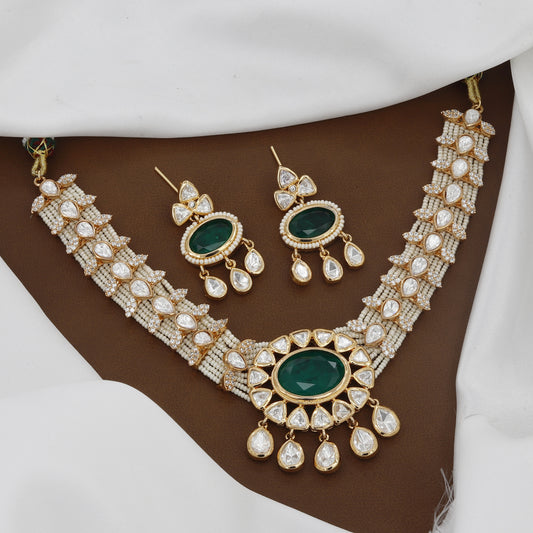 18k Polished Kundan Polki & Emerald Necklace Set with Earrings