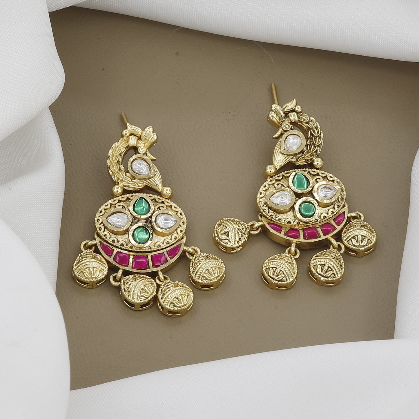 Ornate Antique Gold Necklace Set with Peacock Motifs, Kundan & Gemstones