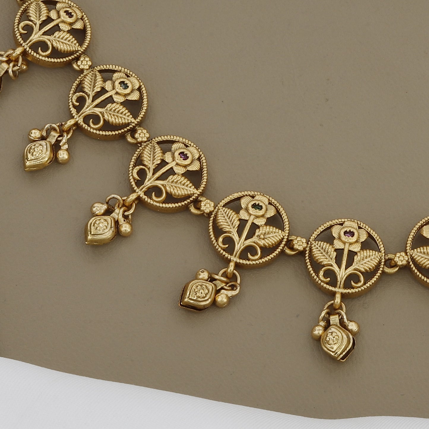 Charming Antique Gold Finish Necklace Set with Floral Filigree & Jhumki Earrings