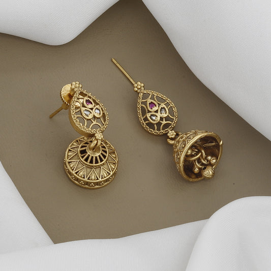 Delicate Antique Gold Necklace Set with Multi-Color Stone & Jhumki Earrings